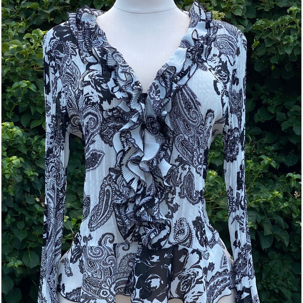 Whimsigoth Textured Black White Ruffle Blouse Trumpet Sleeve Paisley Print - XL